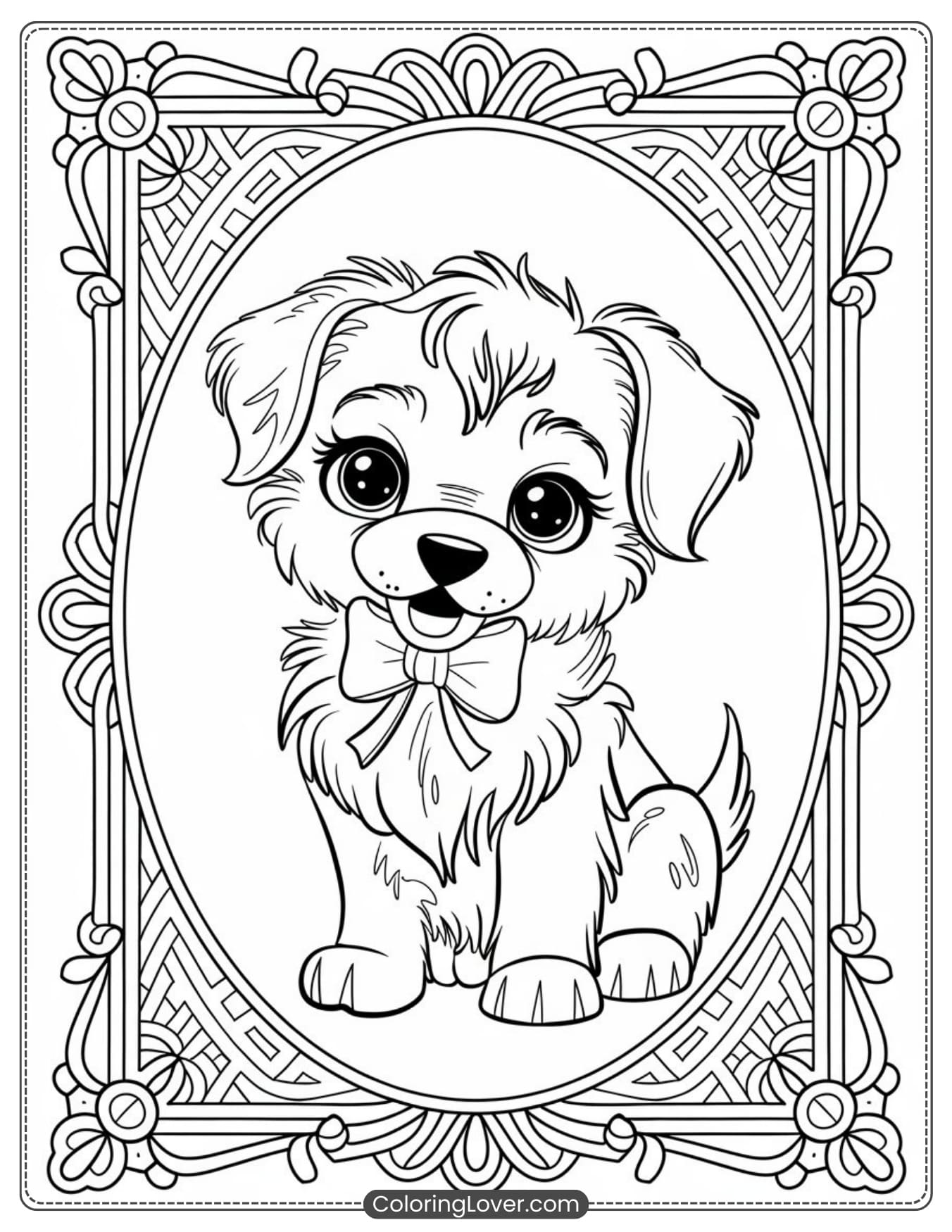 Puppy portrait with a bow tie coloring page
