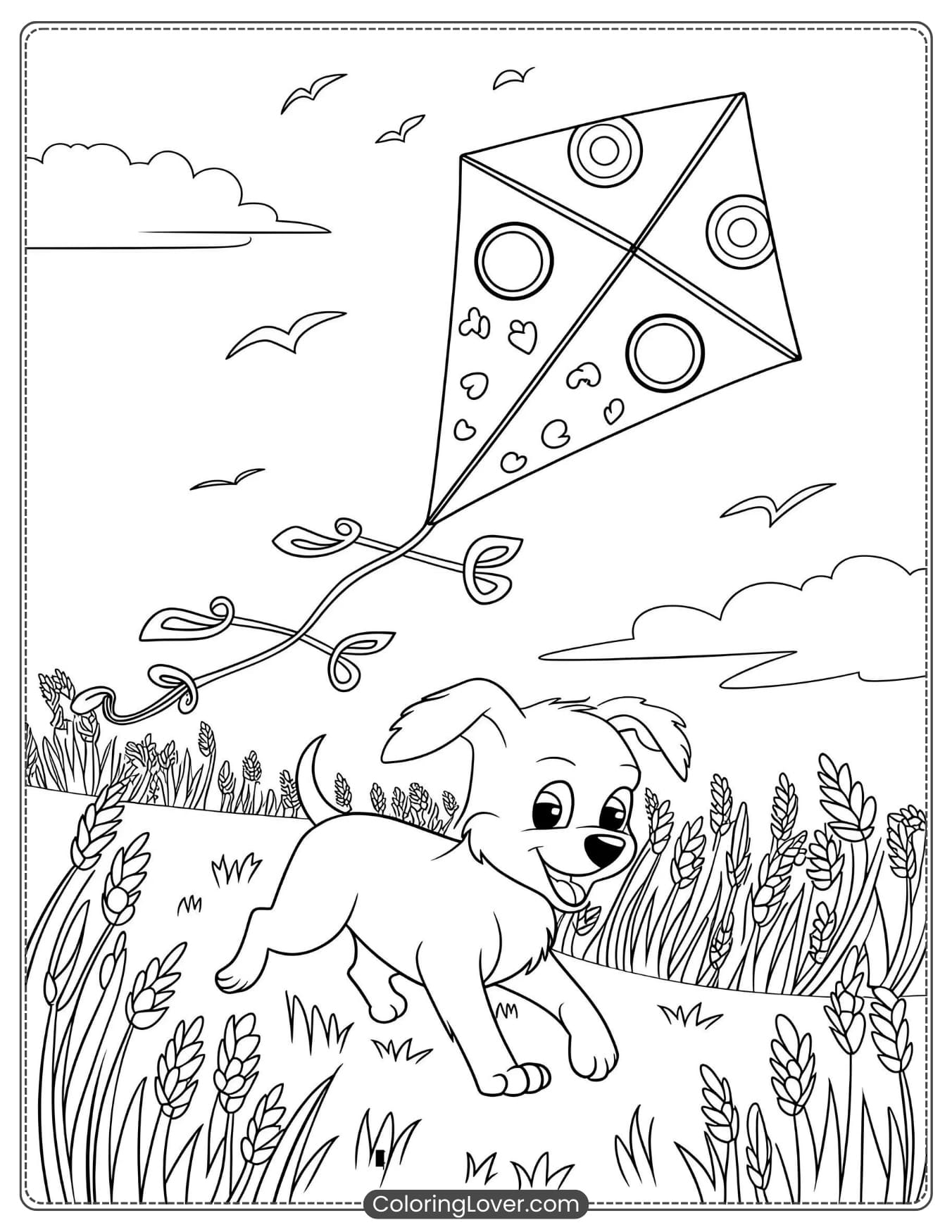 Puppy running in a field with a kite flying in the sky coloring page