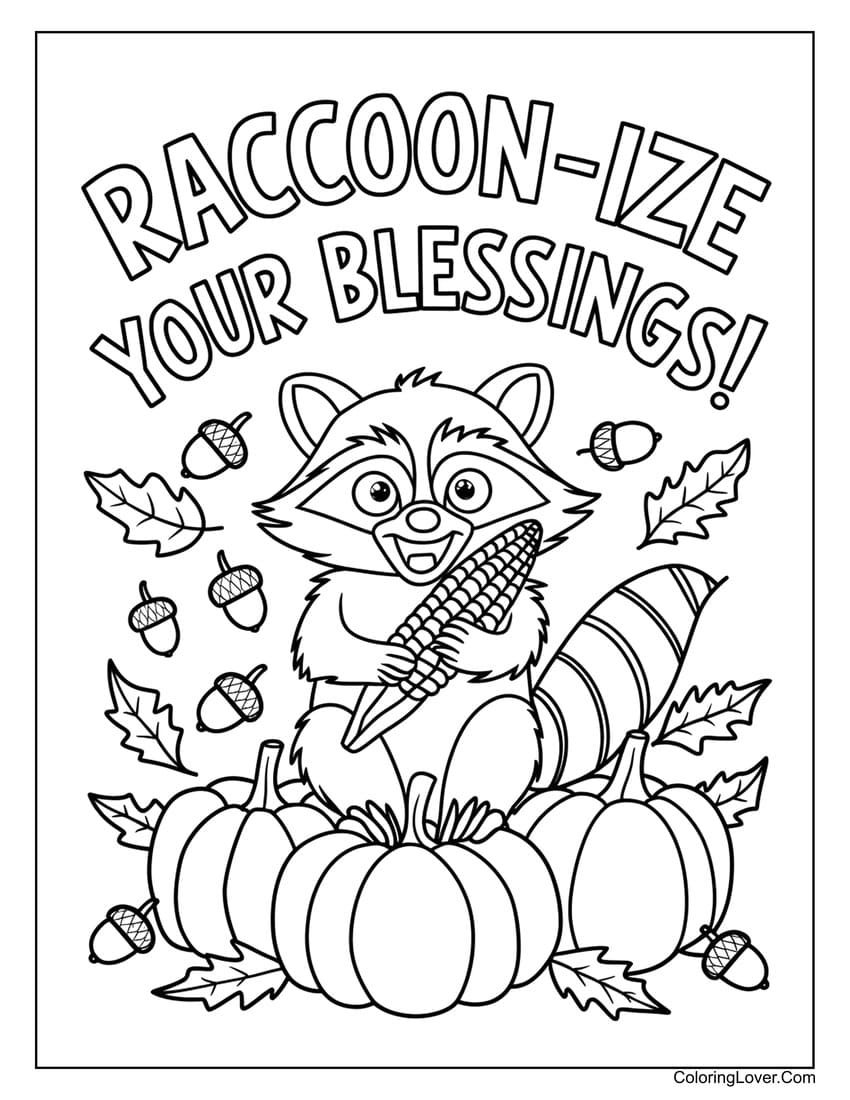 Raccoon holding corn surrounded by pumpkins coloring page