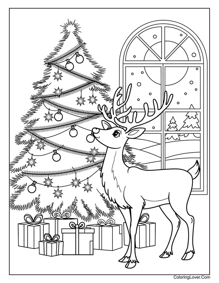 Reindeer standing by Christmas tree coloring page