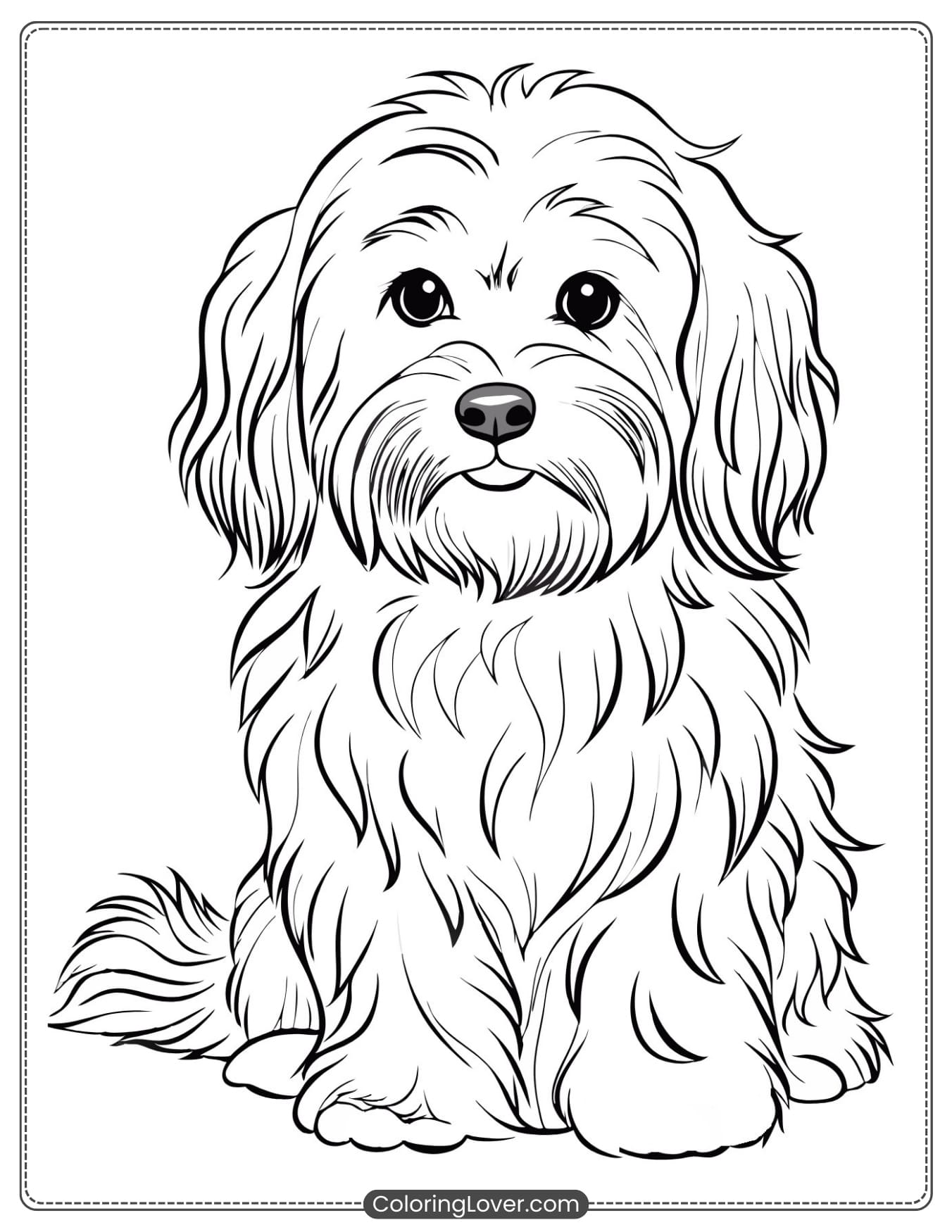 Coloring page of a sad, fluffy puppy sitting