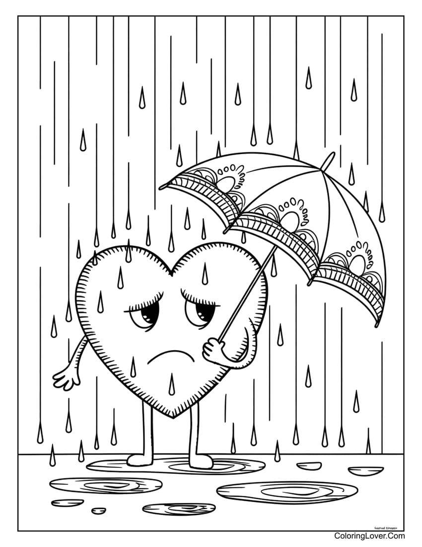 Sad heart standing in the rain under an umbrella