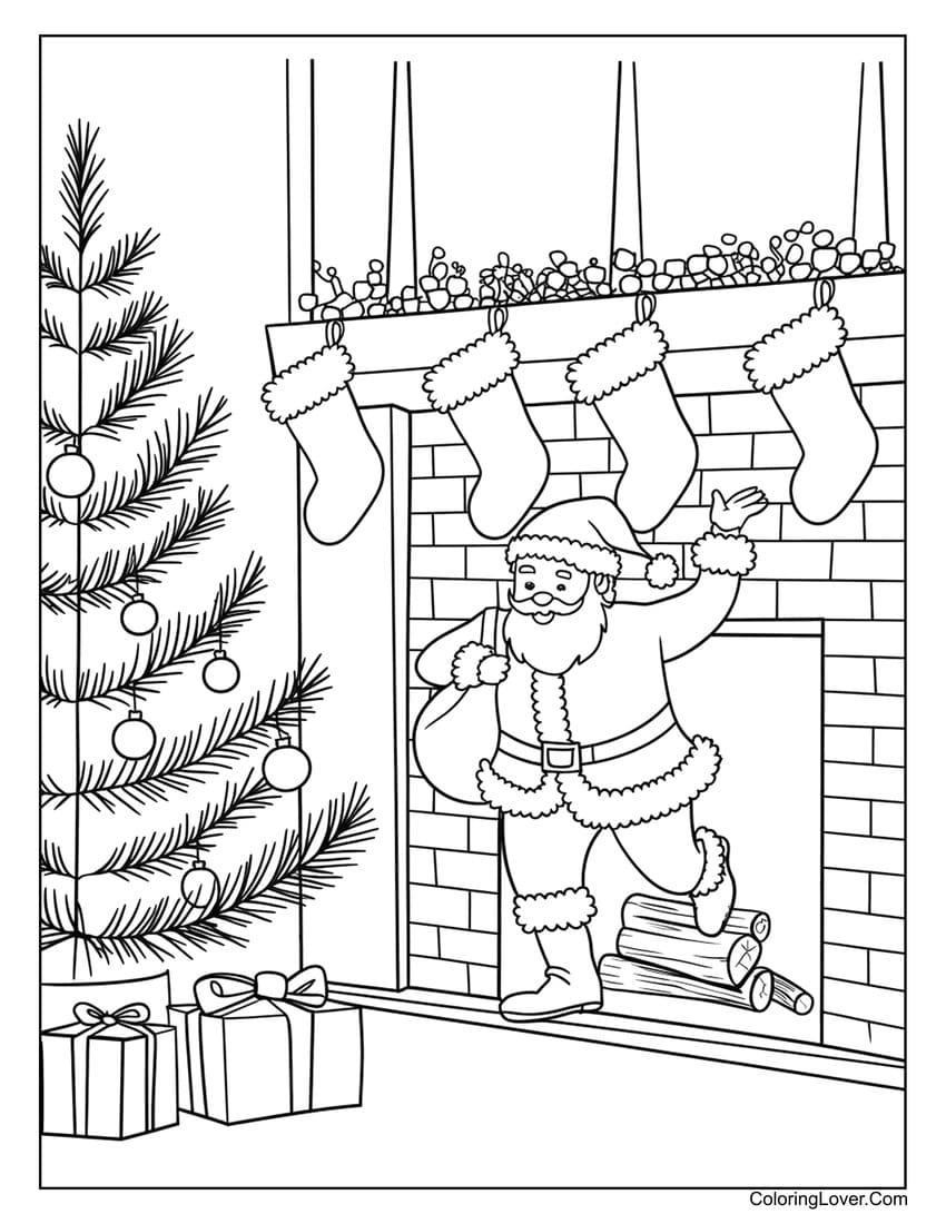 Santa coming through chimney with gifts coloring page