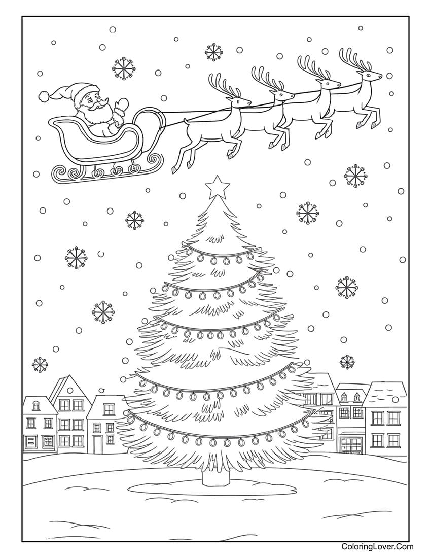 Santa flying over Christmas tree coloring page