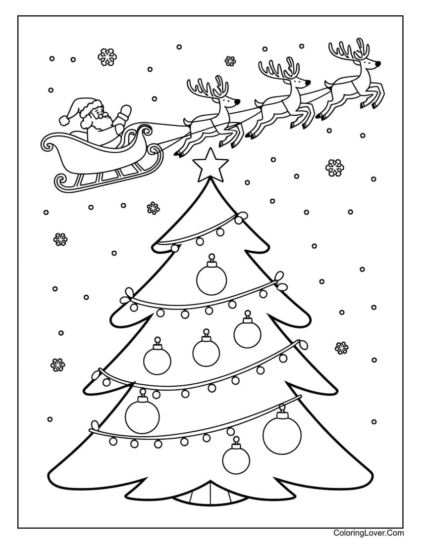 Santa flying over Christmas tree