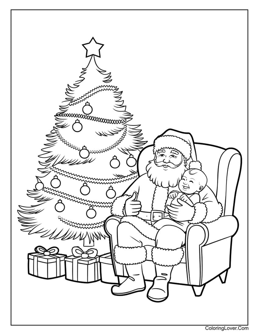 Santa holding baby next to Christmas tree