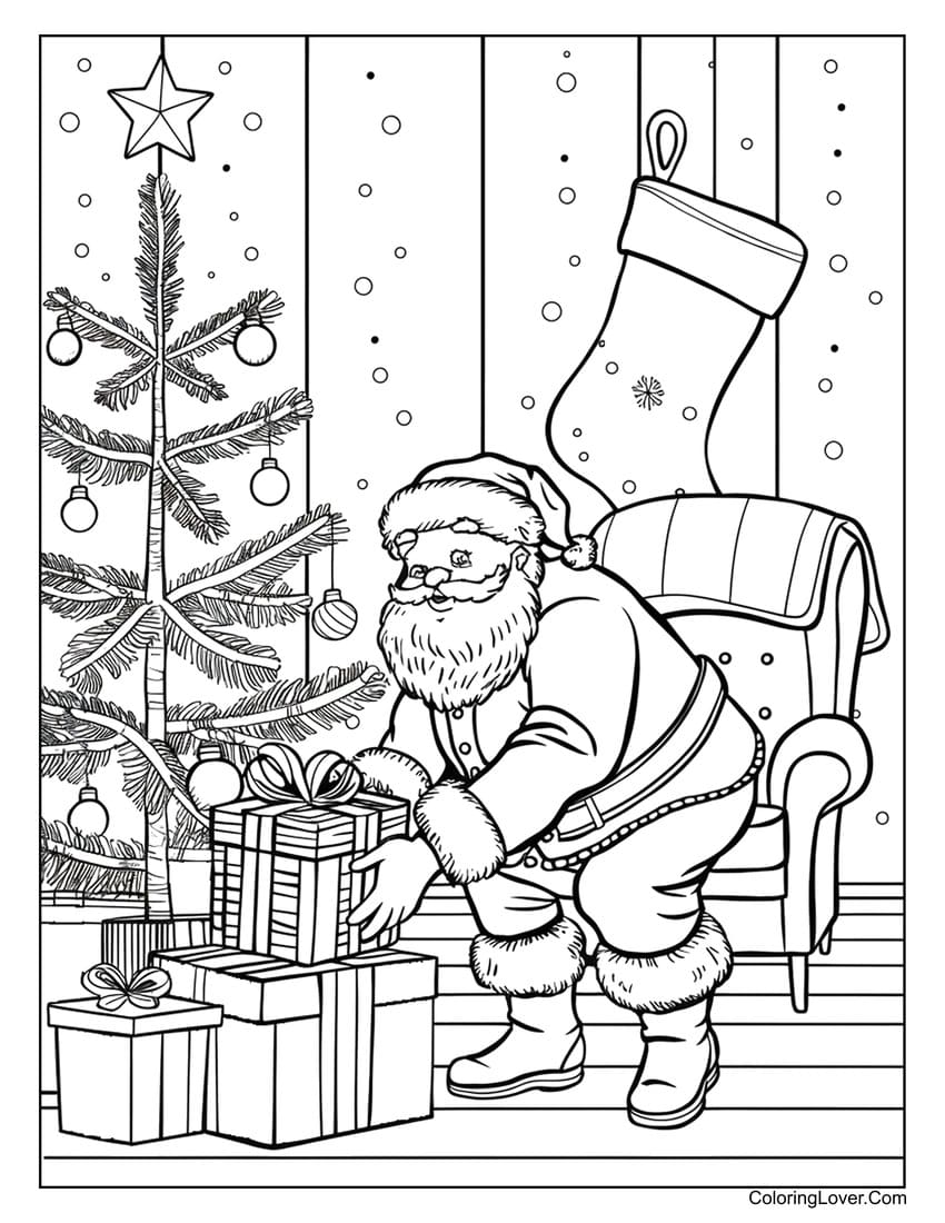 Santa placing gifts under Christmas tree coloring page