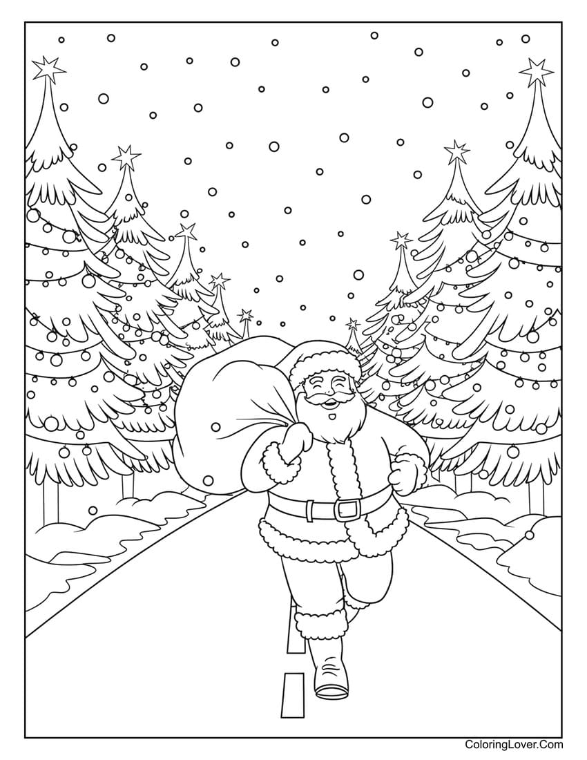 Santa running with gift bag Christmas tree coloring page