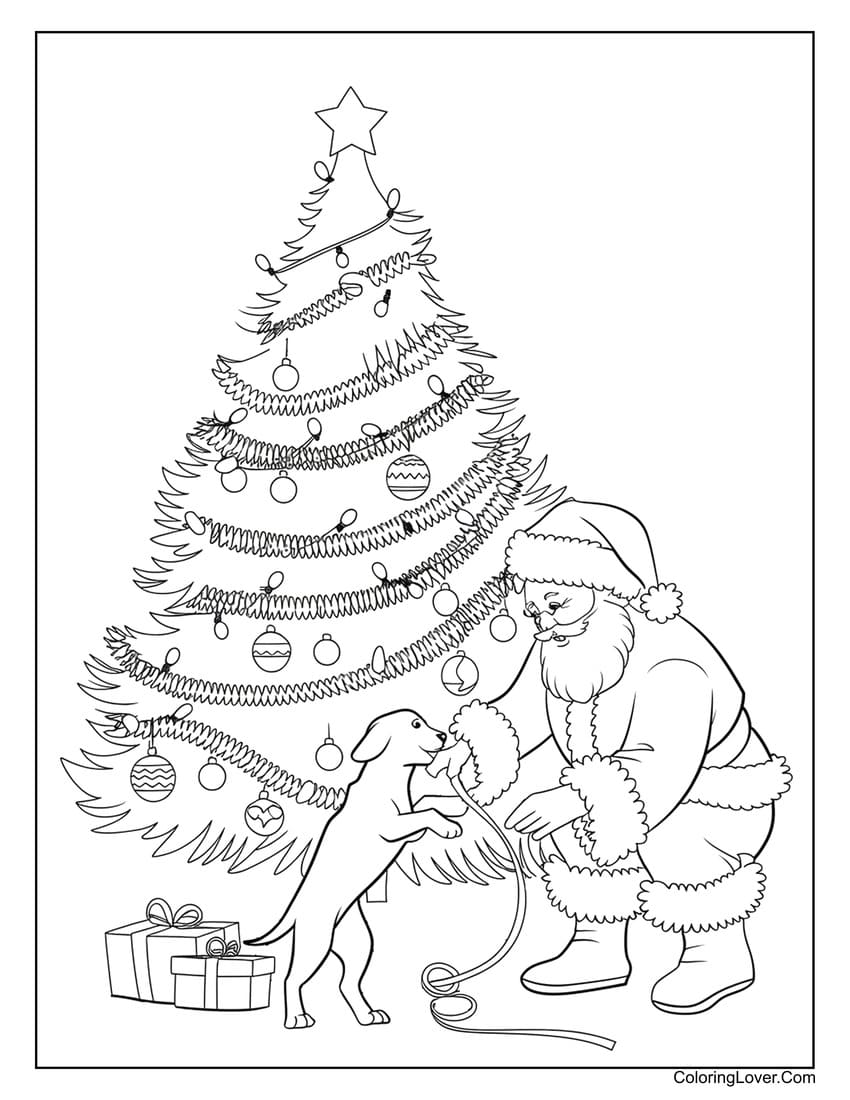 Santa with puppy next to Christmas tree coloring page
