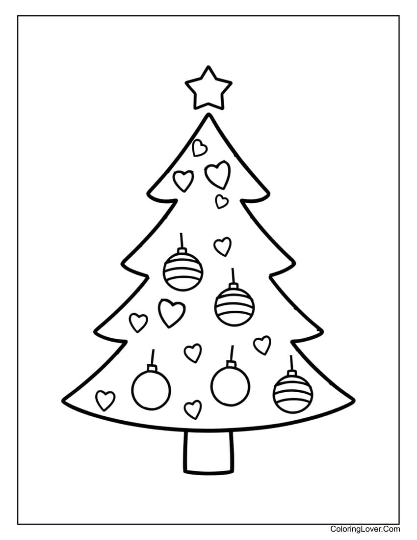 Simple Christmas tree coloring page with ornaments