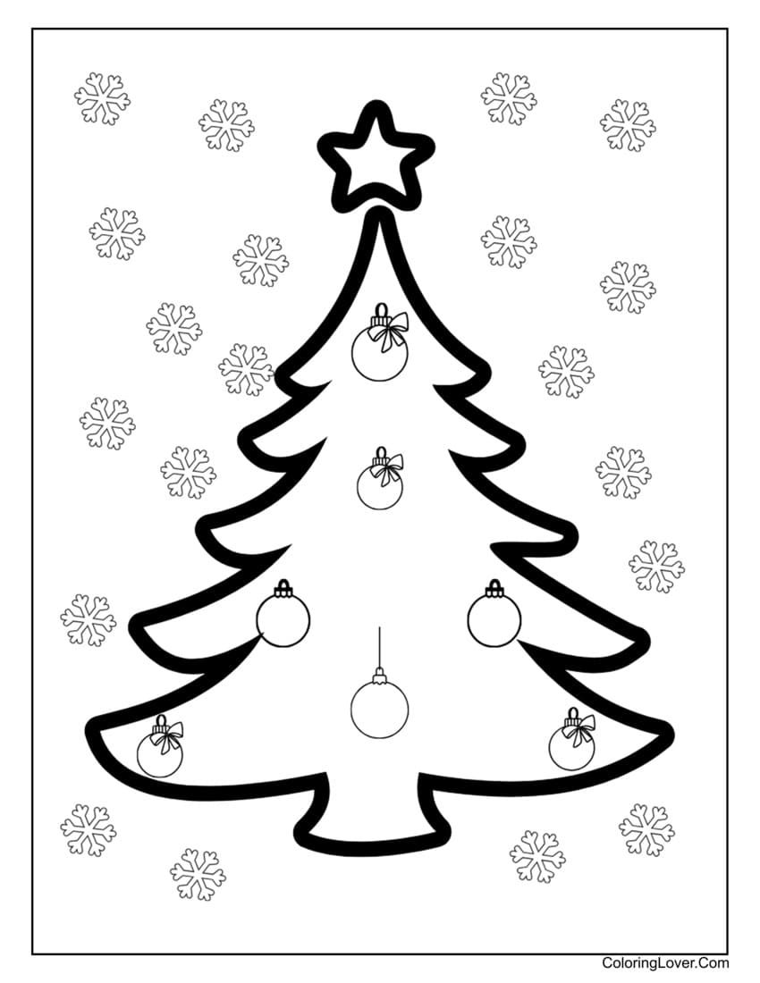 Simple Christmas tree with ornaments for kids to color