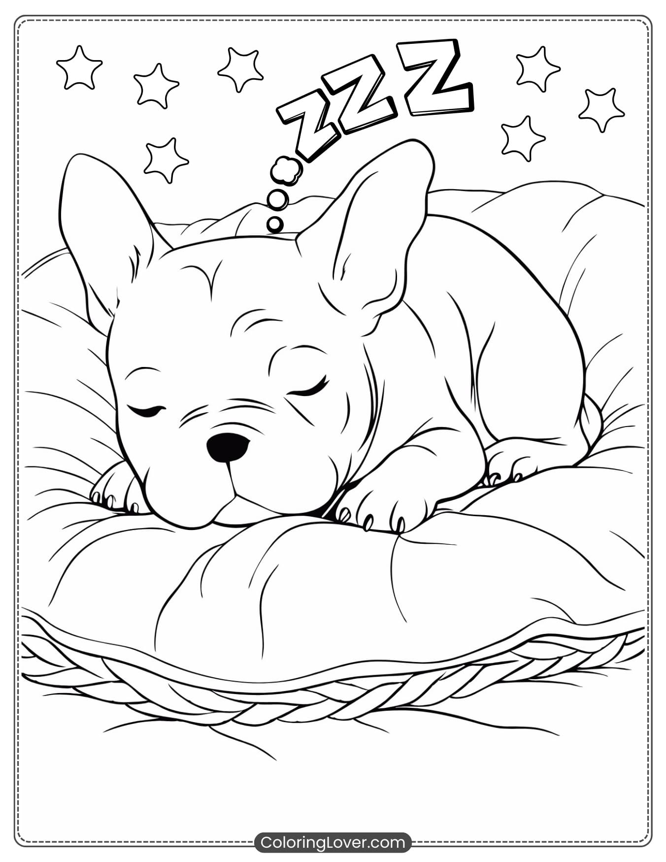 Coloring page of sleeping French Bulldog puppy on a cozy cushion.
