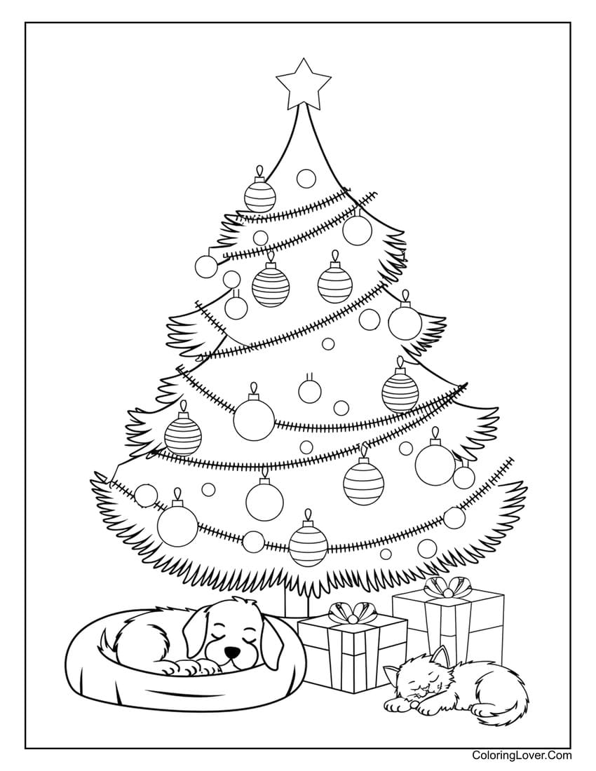 Sleeping puppy and kitten under Christmas tree coloring page