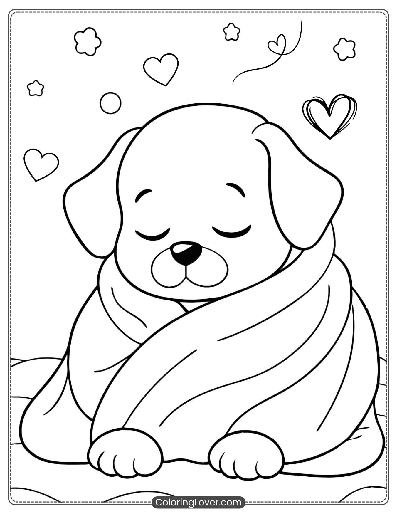 Sleeping puppy wrapped in a blanket