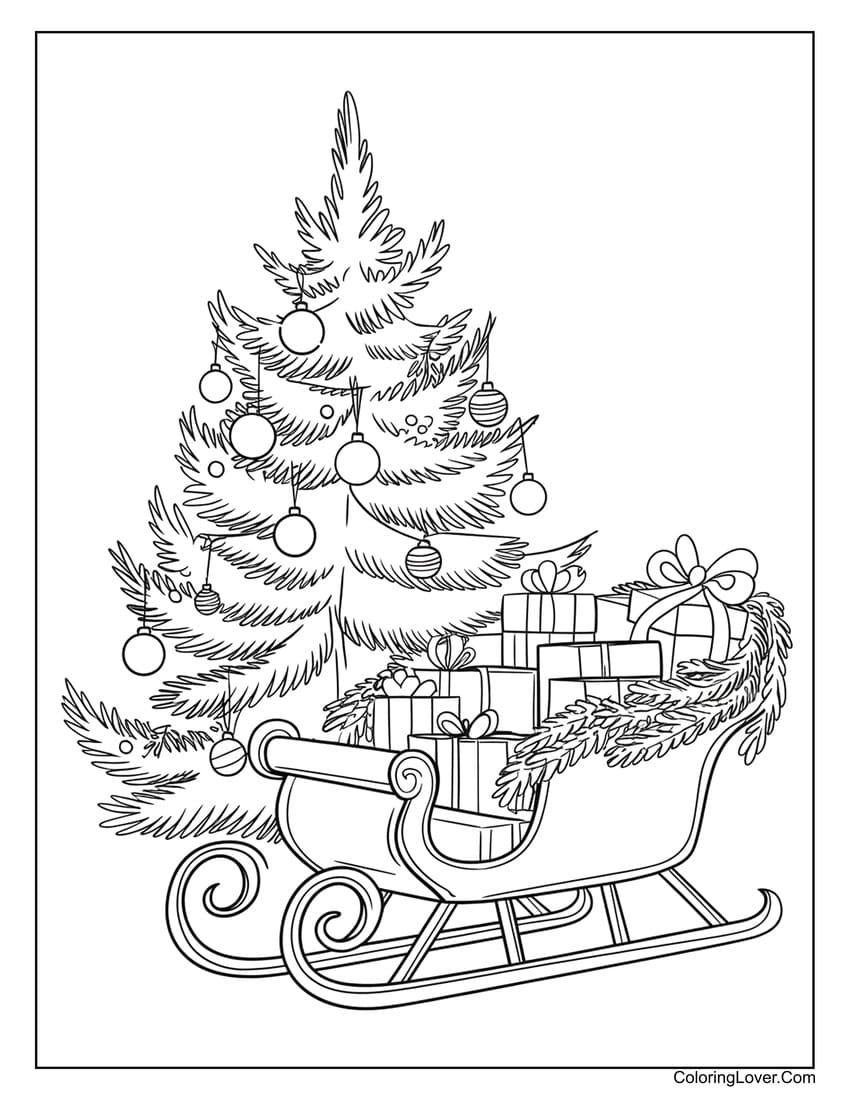 Sleigh full of gifts beside Christmas tree coloring page