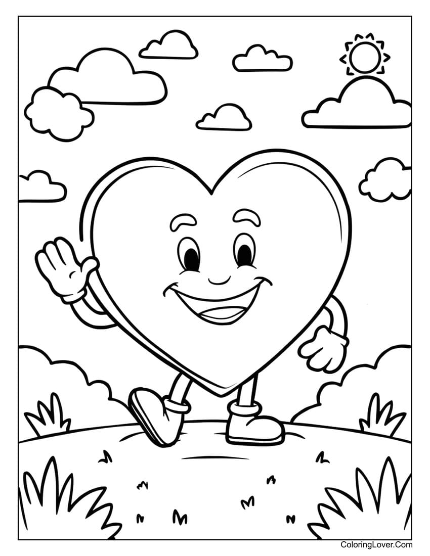 Smiling heart character waving in field coloring page