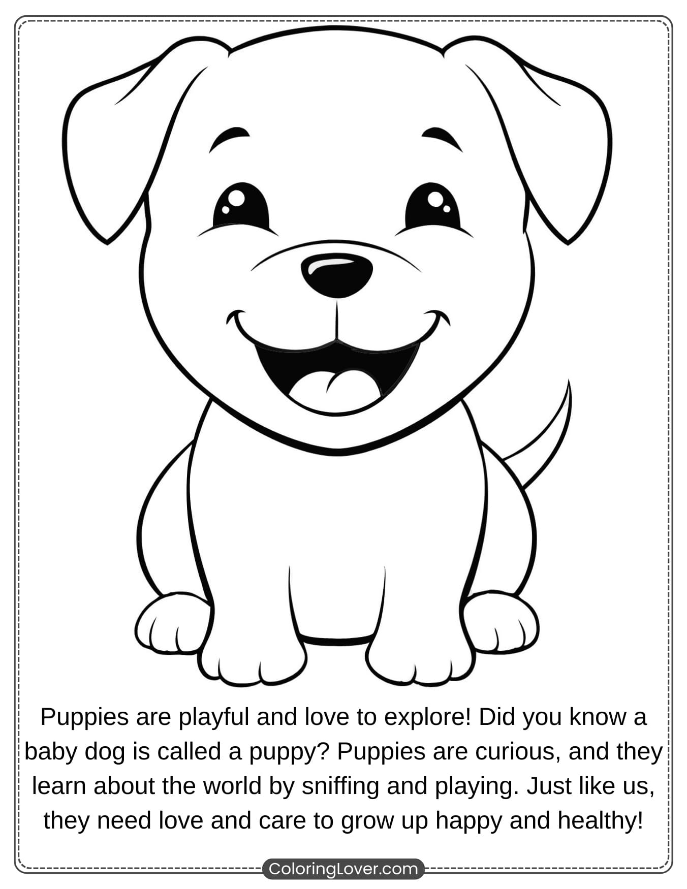 Smiling puppy coloring page with informational note