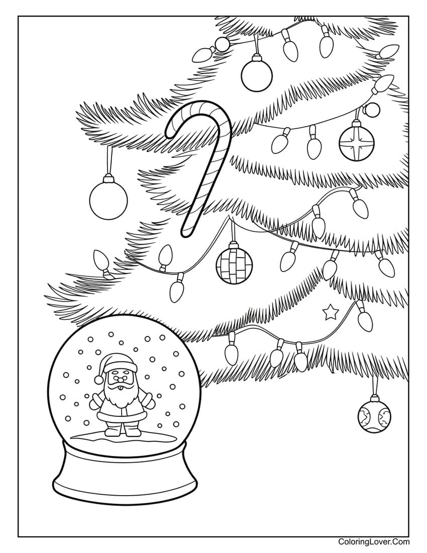 Snow globe and candy cane with Christmas tree coloring page