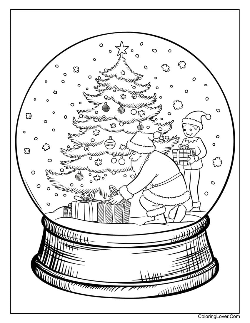 Snow globe with Christmas tree and elves coloring page