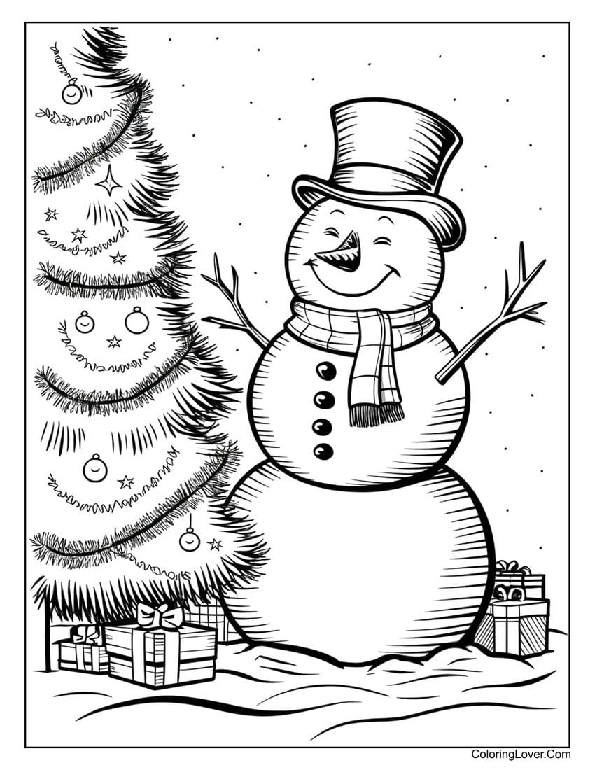 Snowman standing beside Christmas tree with presents