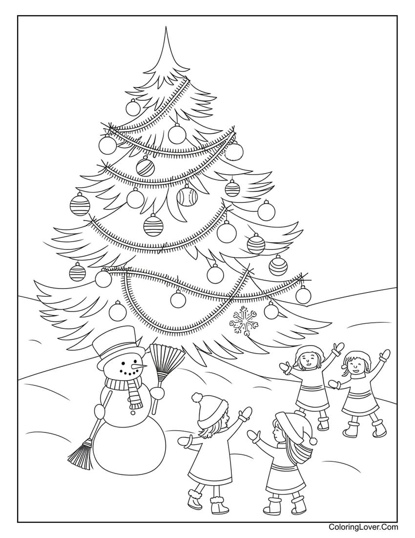 Snowman with children dancing around Christmas tree coloring page