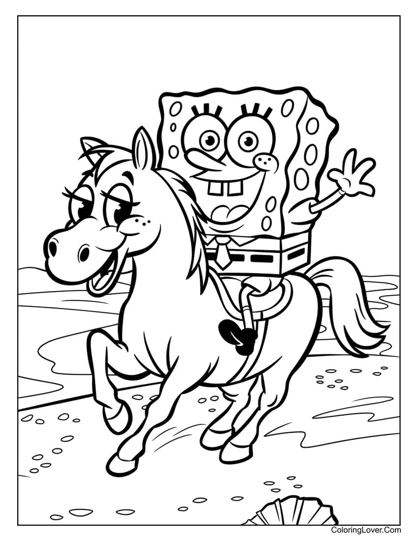 SpongeBob riding a horse on the beach coloring page