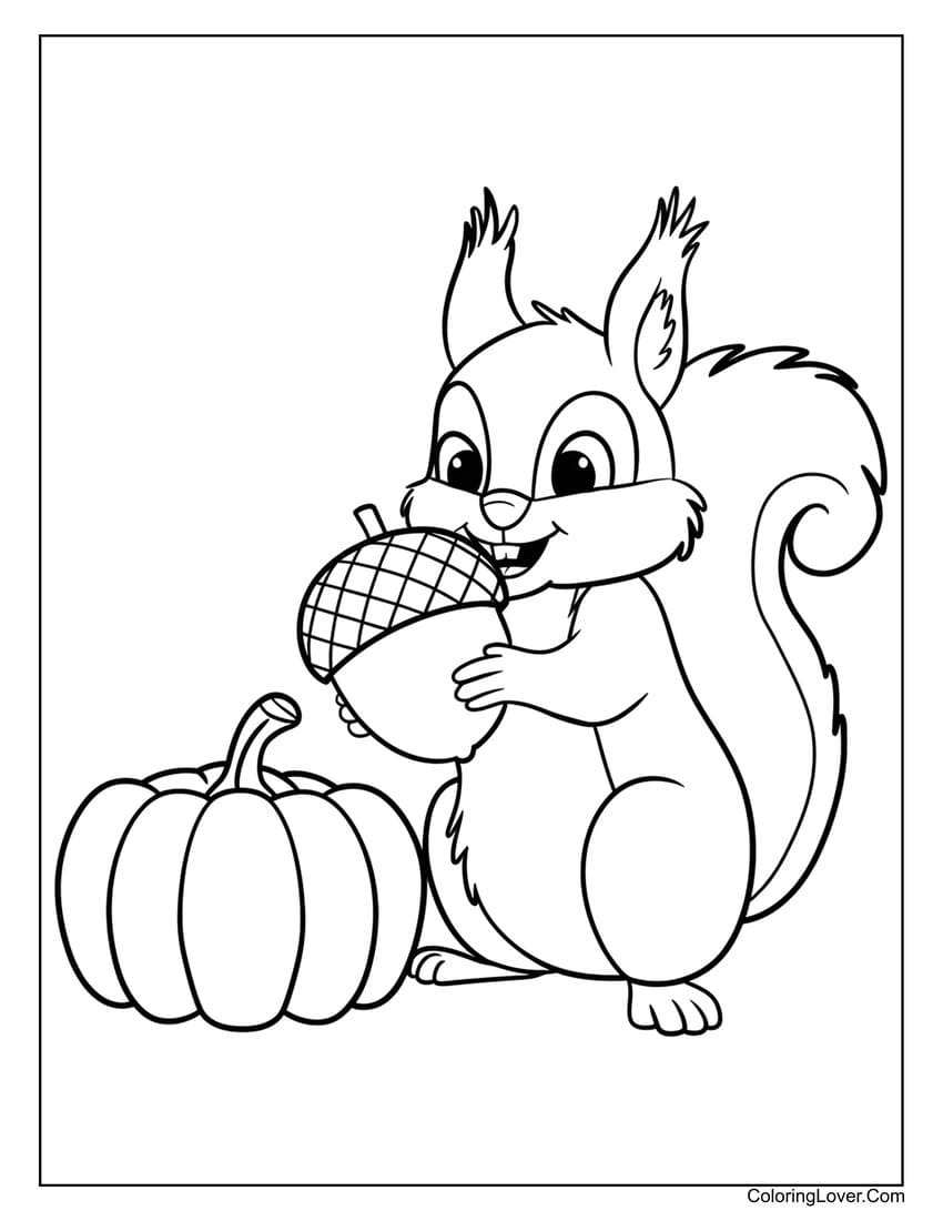 Squirrel thanksgiving coloring page with acorn and pumpkin