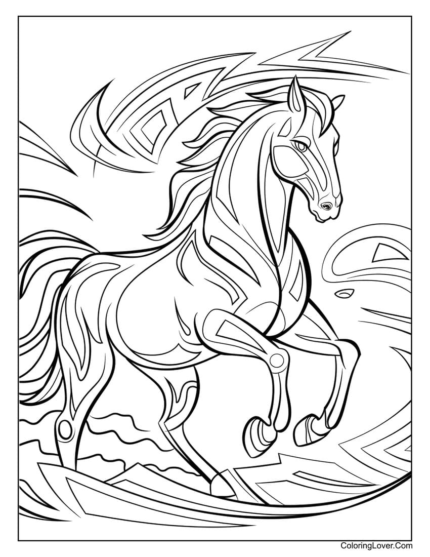 Stylized horse galloping through abstract shapes coloring page