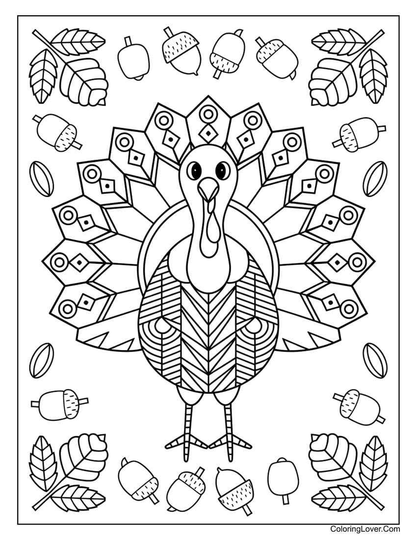 Stylized thanksgiving turkey coloring page for adults