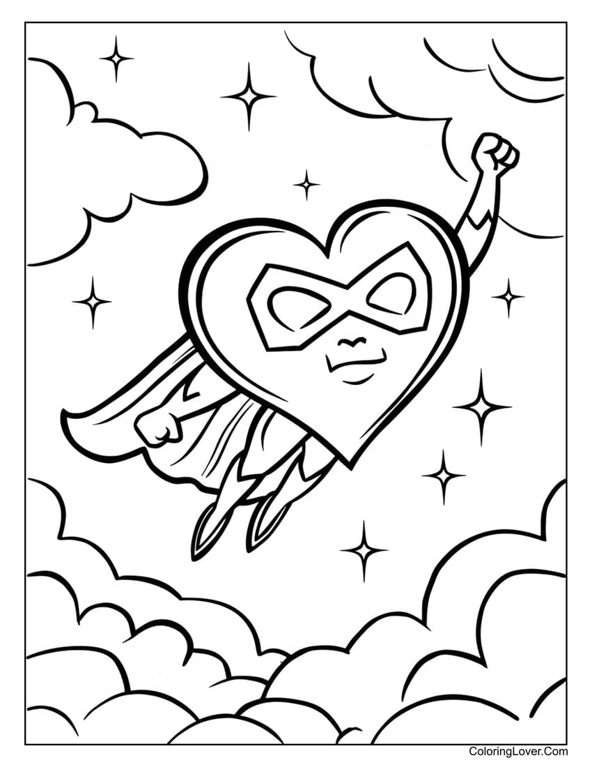 Superhero heart flying through sky coloring page