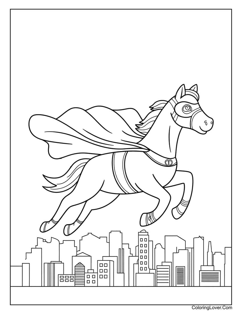 Superhero horse flying over the city coloring page