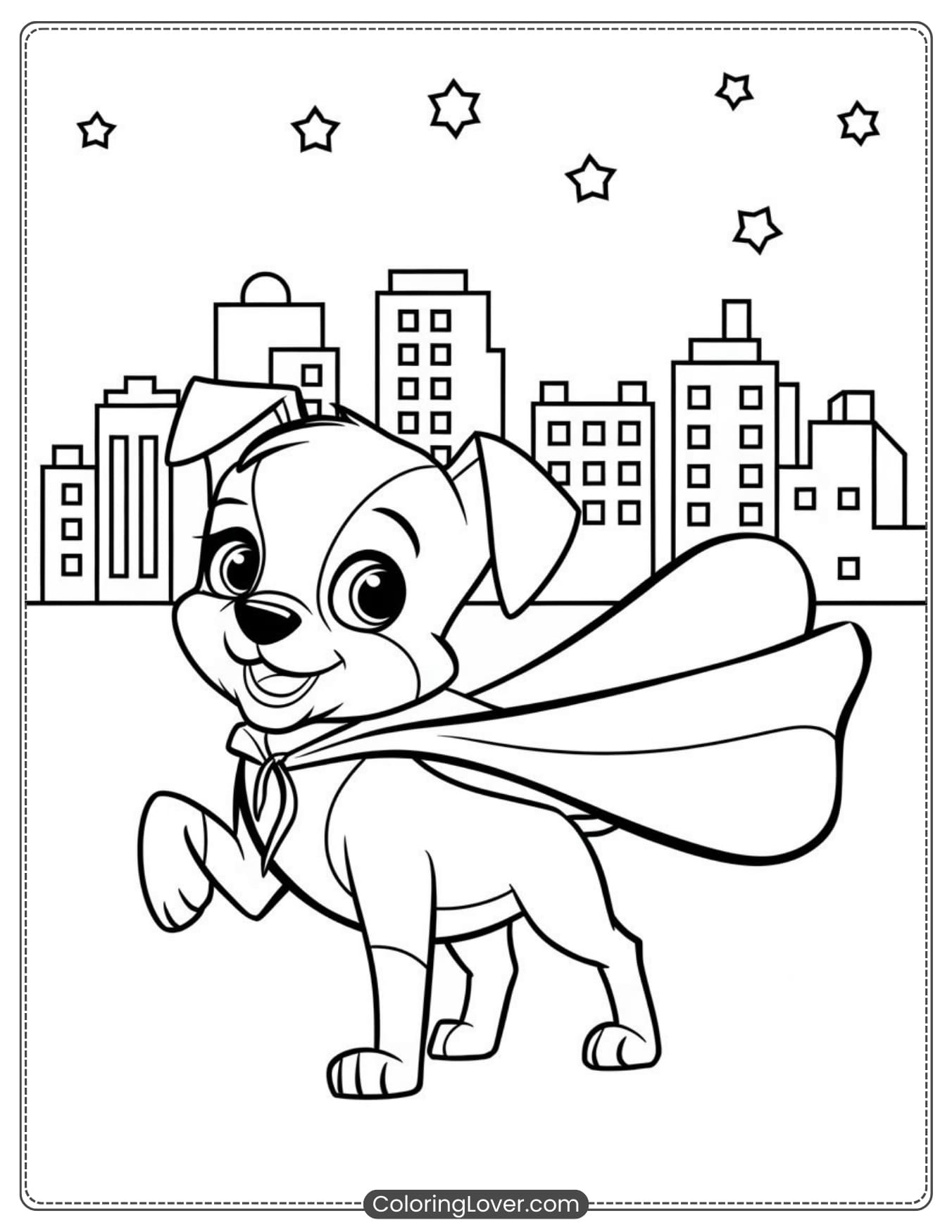 Superhero puppy with a cape coloring page