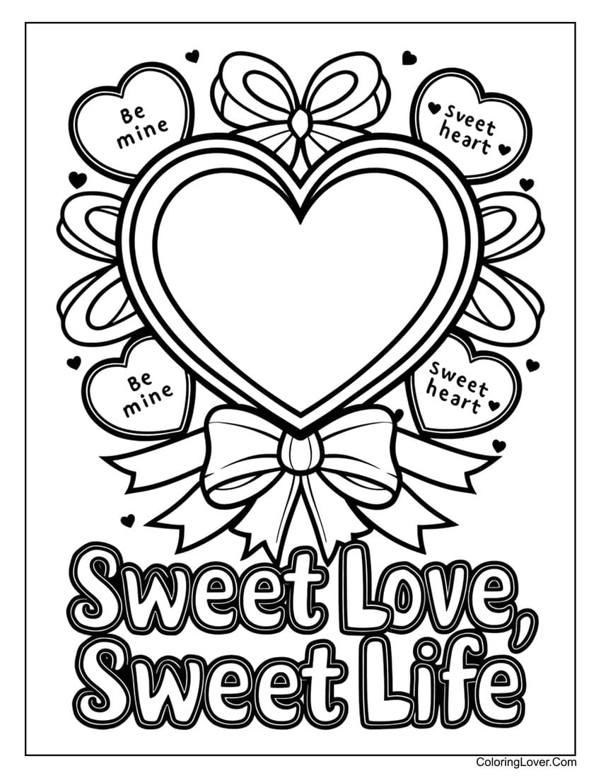 Sweetheart-themed coloring page with text "Sweet Love, Sweet Life."