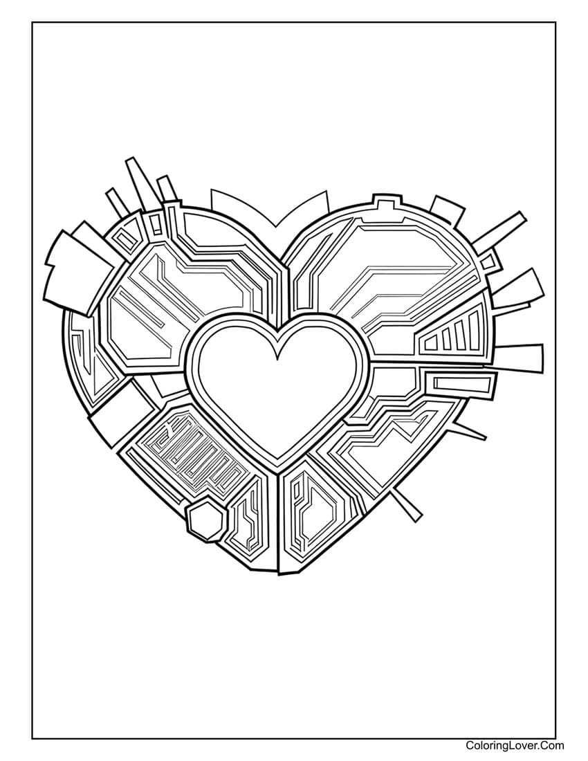 Tech-inspired heart with circuits and geometric designs