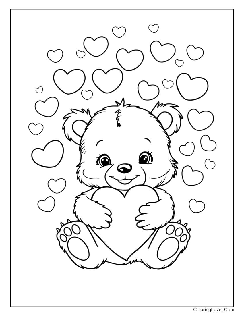 Teddy bear holding heart coloring page