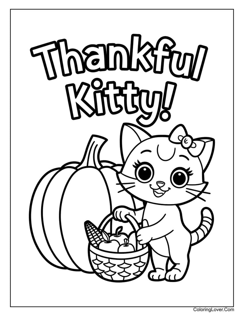 Thankful kitty thanksgiving coloring page