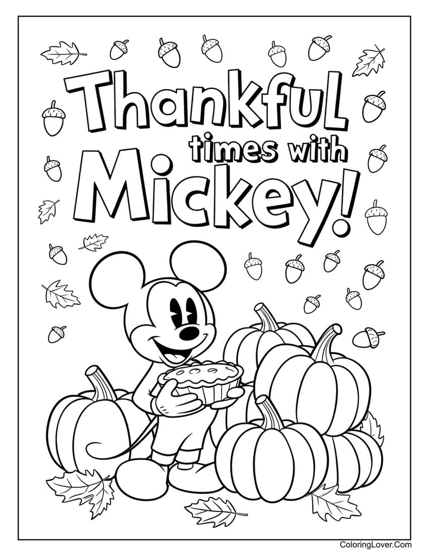 Thankful mickey thanksgiving coloring page