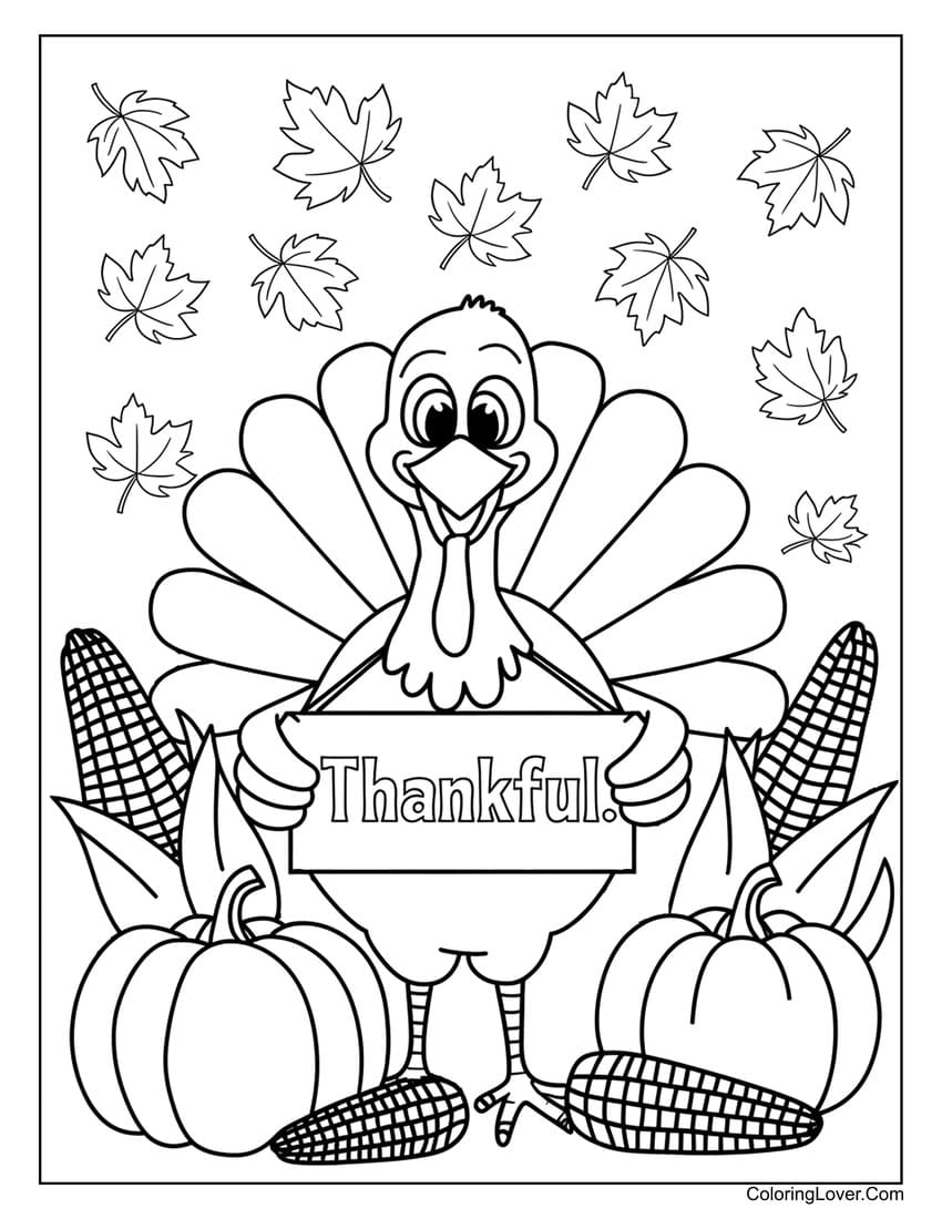 Thankful turkey coloring page for kids