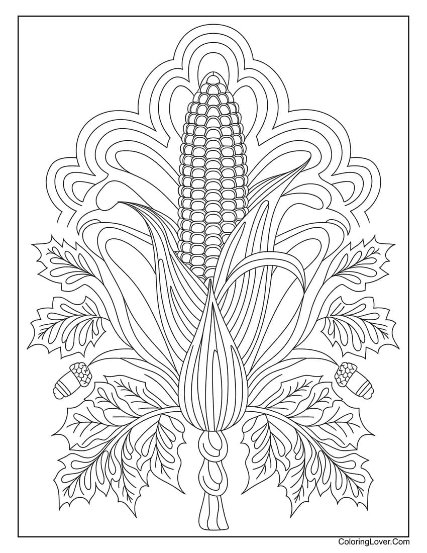 Thanksgiving corn with acorns and leaves coloring page