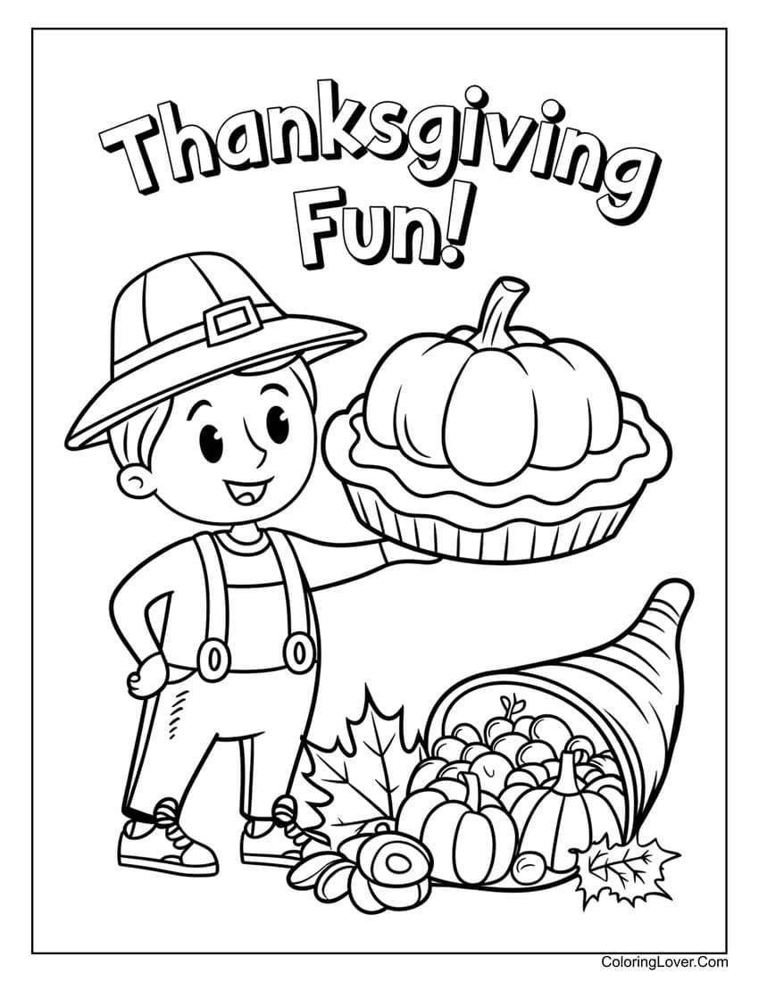 Thanksgiving fun coloring page with pie and cornucopia
