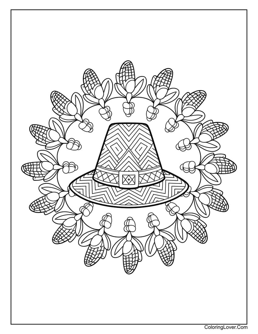 Thanksgiving pilgrim hat with corn wreath coloring page
