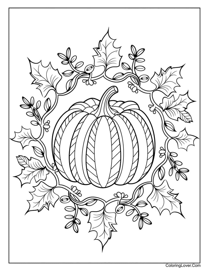 Thanksgiving pumpkin with holly wreath coloring page