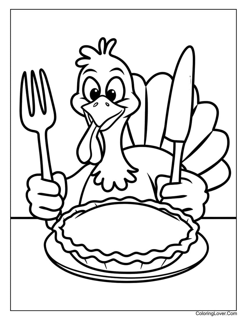 Thanksgiving turkey with pie coloring page