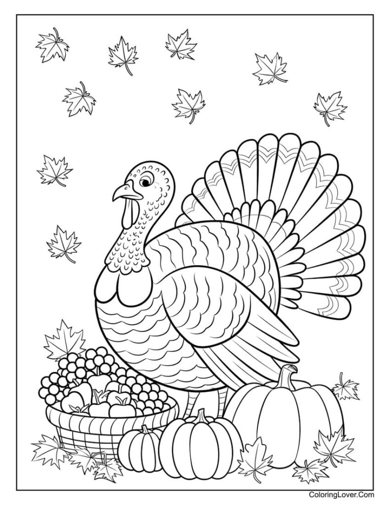 Thanksgiving turkey with pumpkins coloring page for adults
