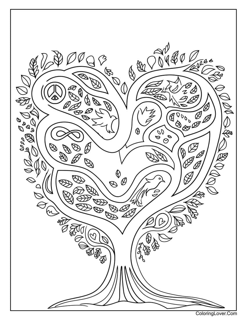 Tree with heart-shaped leaves and peaceful doves coloring page