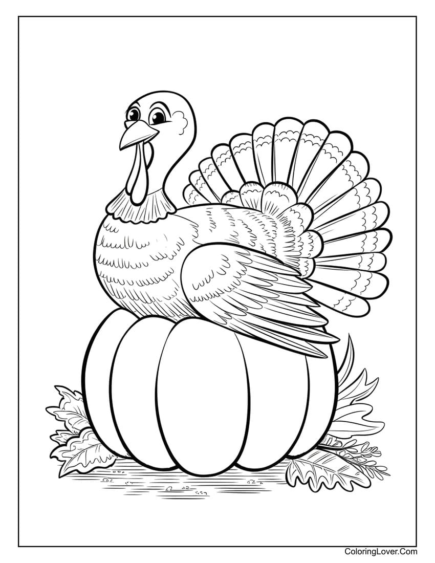 Turkey on pumpkin coloring page