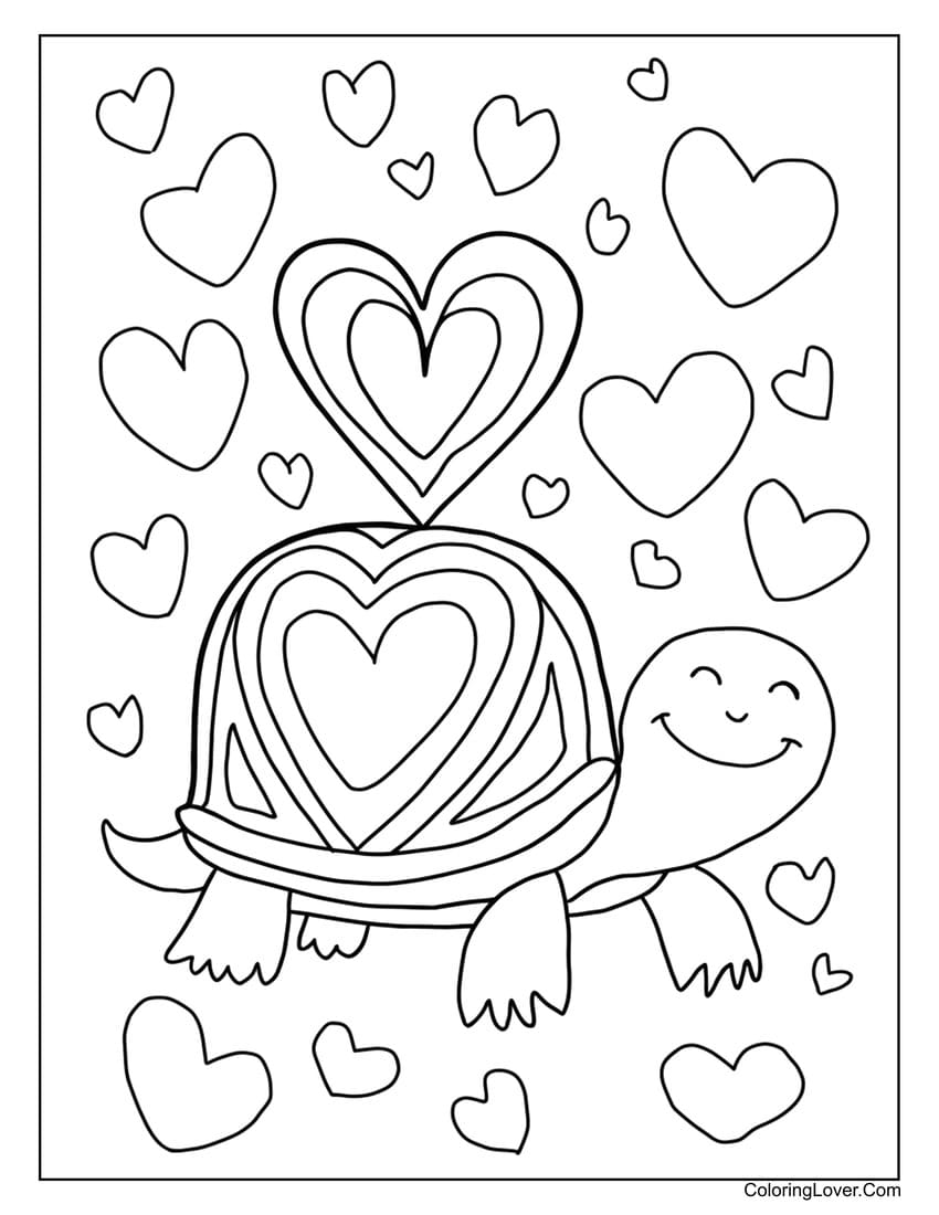 Turtle with heart shell coloring page