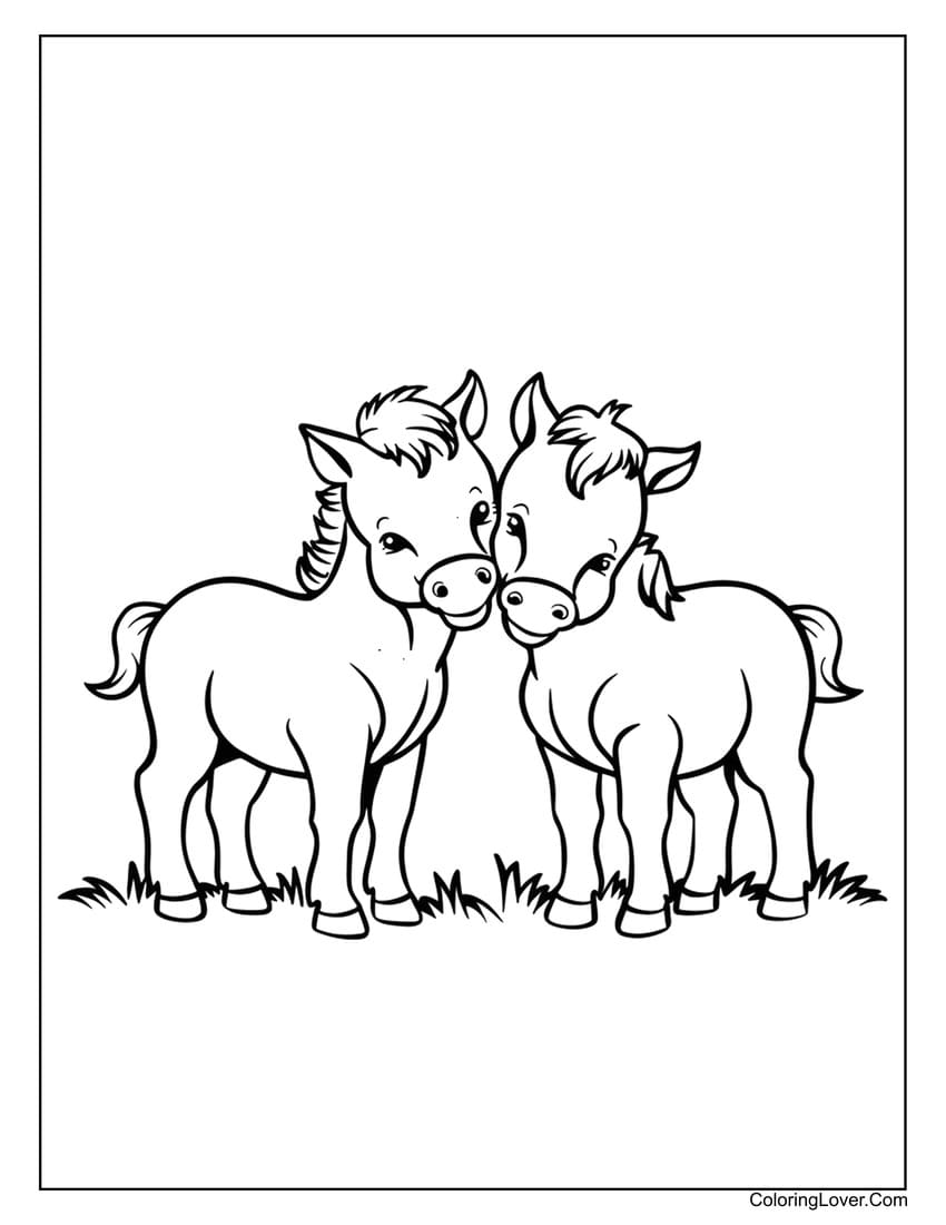 Two baby horses standing close together coloring page
