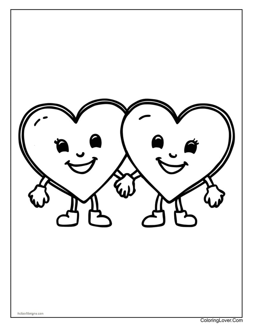 Two happy hearts holding hands coloring page