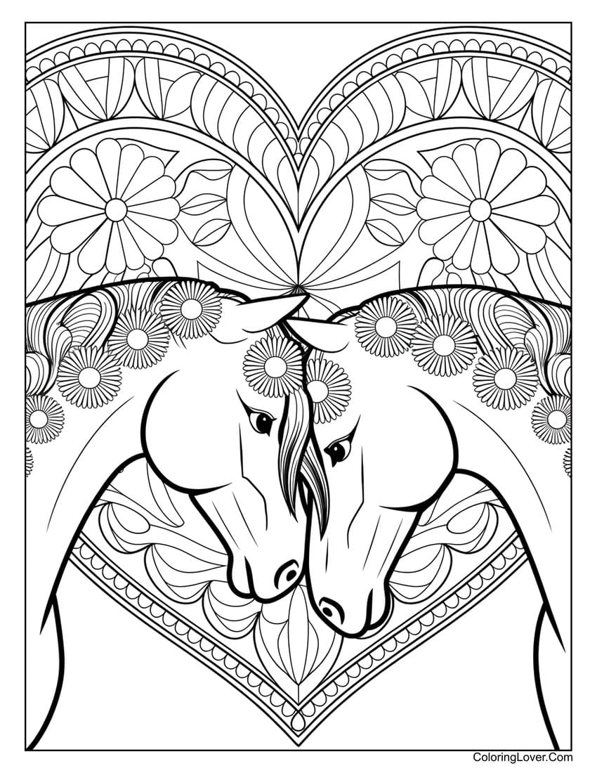 Two horses with heart-shaped floral background coloring sheet